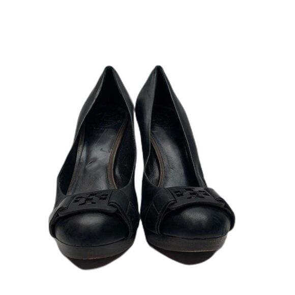 Tory Burch "TENNYSON" Black Leather Block Heel High Heels Size 8.5 - Picture 1 of 8